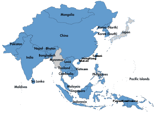 Clickable Asia-Pacific map: Text Links with flags are given below